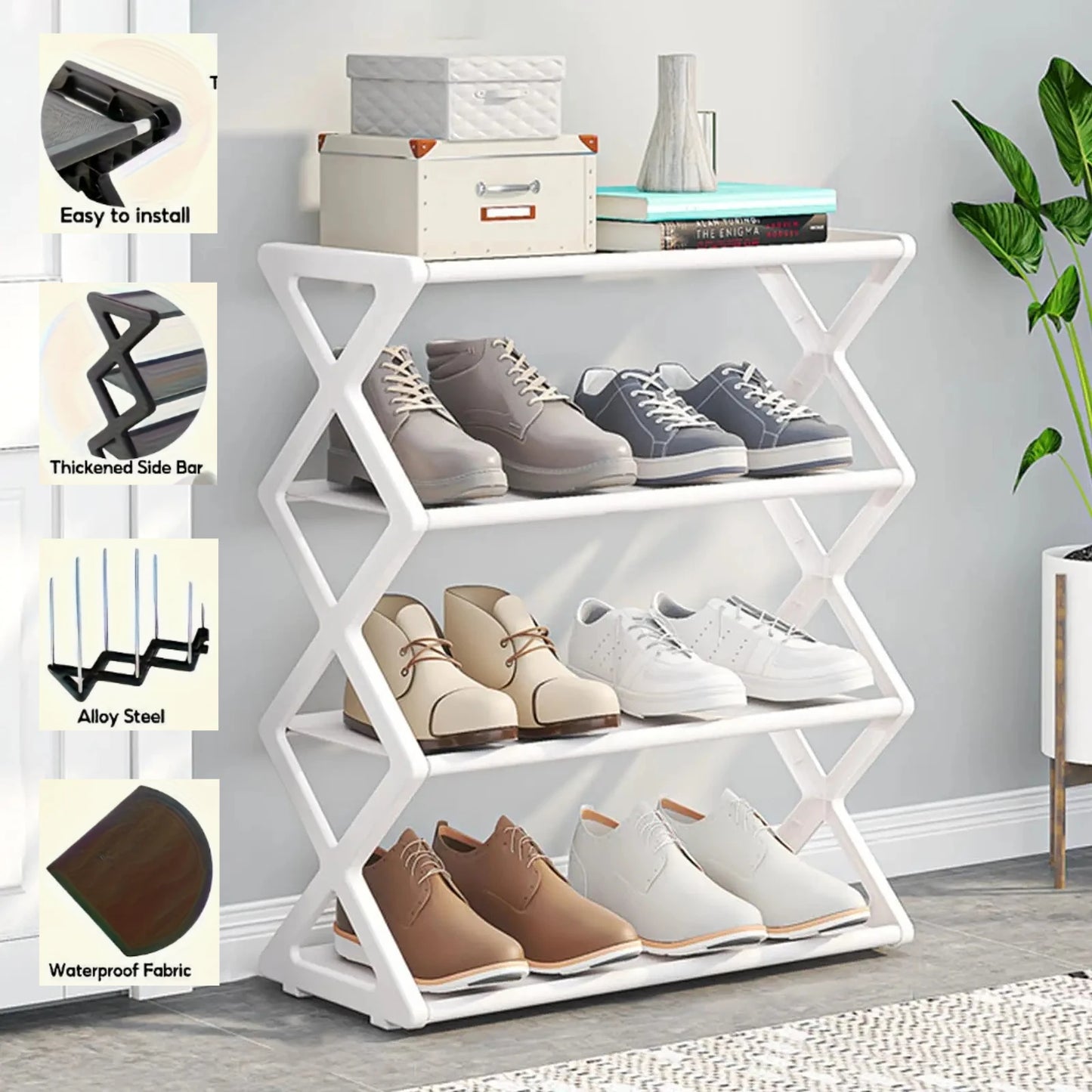 4-Tier Foldable X-Shape Shoe Rack – Space Saving No Assembly Storage Organizer