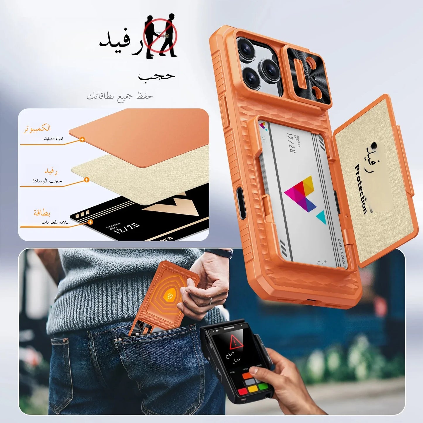With Card Holder Sliding Camera Cover And Stand For iPhone 17 Pro/17 Pro Max Phone Case, Anti-Fall PC+TPU Wallet Case-Orange