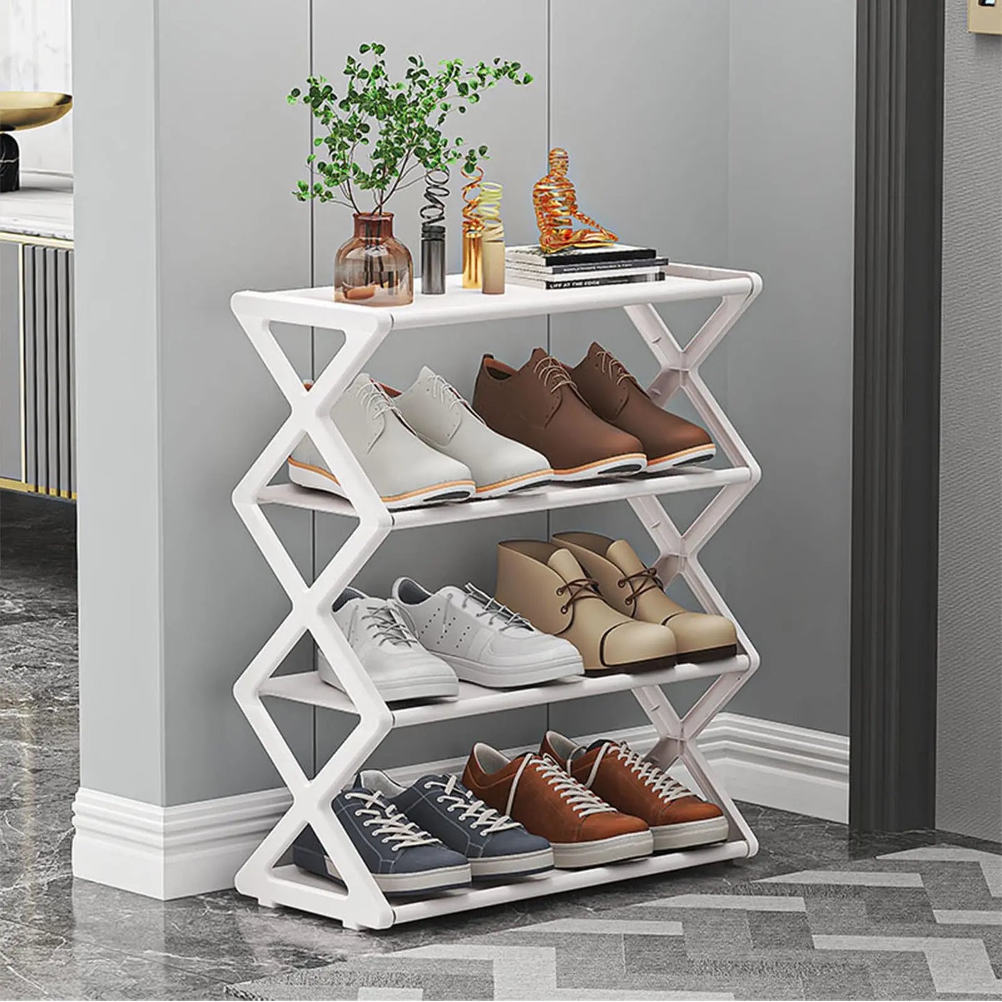 4-Tier Foldable X-Shape Shoe Rack – Space Saving No Assembly Storage Organizer