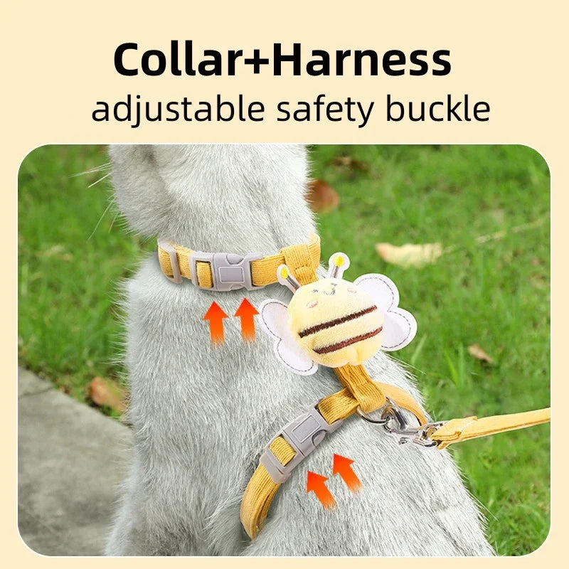 Adjustable Cartoon Bee Cat Harness & Leash Set – Double Layer Pet Walking Harness