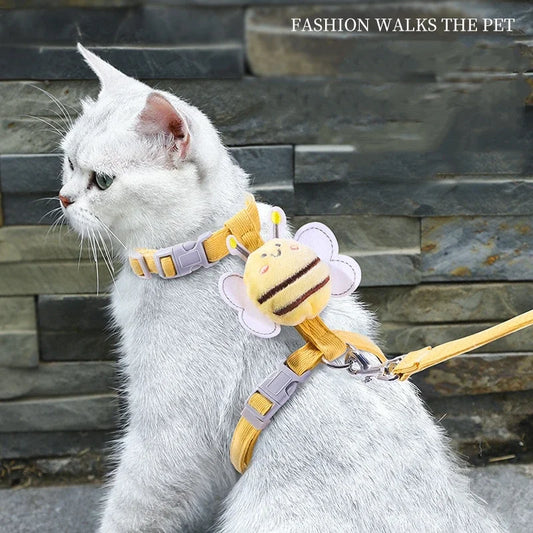 Adjustable Cartoon Bee Cat Harness & Leash Set – Double Layer Pet Walking Harness
